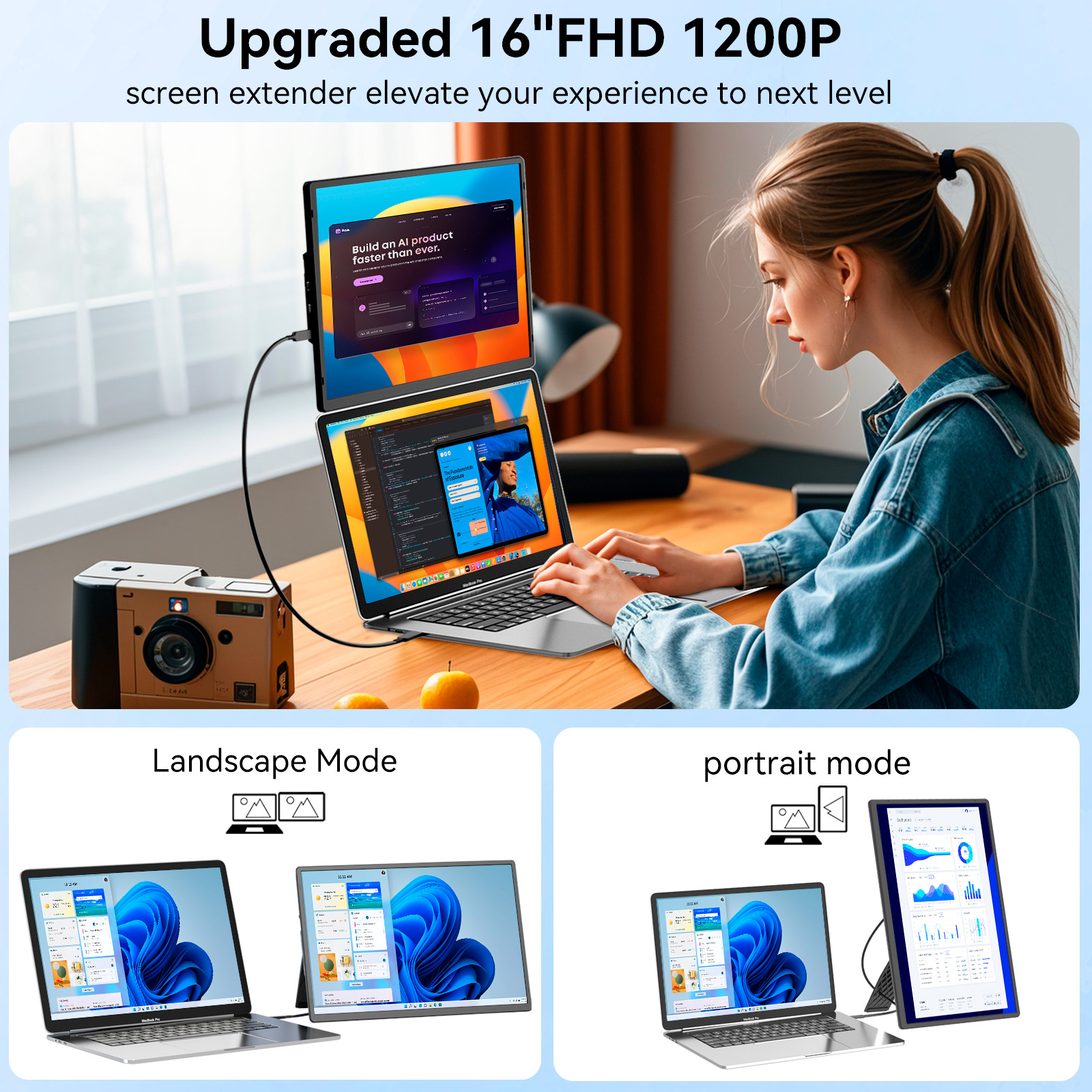 SIAVIALA N2 - 16 inch FHD 1200P Portable Monitor, 2025 Summer Upgraded Laptop Screen Extender